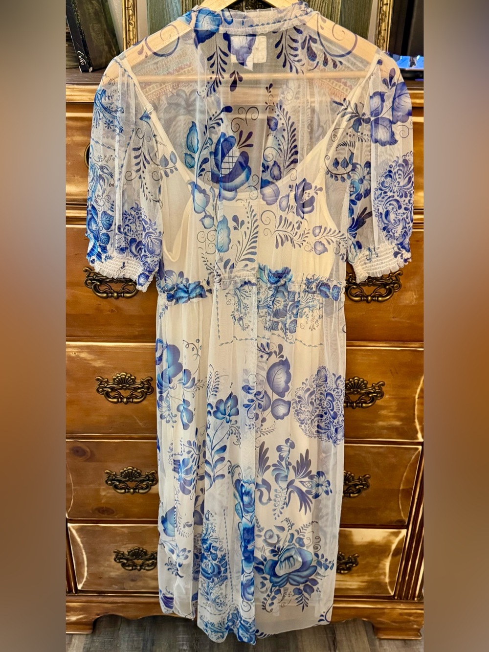 Biya by Johnny Was Embroidered Mesh Midi Dress - Chinoiserie Blue White M - Picture 2 of 7